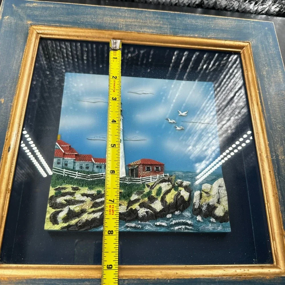 Lighthouse‎ 3D Framed Wall Art 12x12 Blue Gold Coastal Nautical